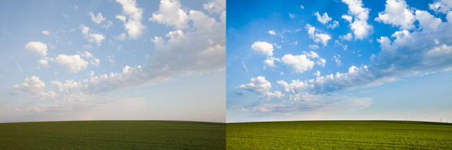 Before and after. Some saturation and sharpness was added to the clouds, and a digital gradient filter was applied to darken the sky so it wasn’t brighter than the grass. Canon 5D Mark II, EF Canon 16–35 mm F2.8 II USM, 1/100 s, F7.1, ISO 100, focus 26 mm. Photo: Vít Kovalčík