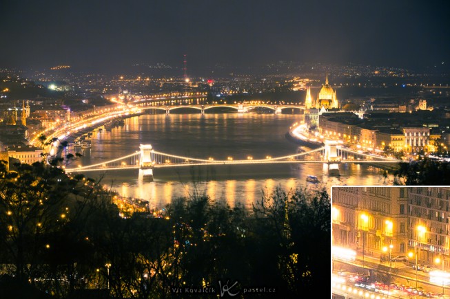 Budapest at night, captured with a tripod-mounted camera. Bottom right: 1:1 closeup to illustrate sharpness. The strong noise you see comes from heavy PC edits and shadow brightening. Canon 5D Mark III, Canon EF 70-200/2.8 IS II, 1.6 s, F5.6, ISO 200, focus 90 mm