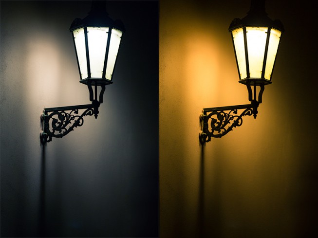 A lamp with different white balances; neither variant is “bad.” Canon 5D Mark III, Canon EF 70-200/2.8 IS II, 1/60 s, F2.8, ISO 800, focus 200 mm
