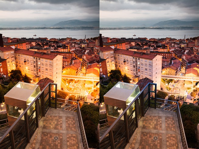 The streets and surroundings of Santander. On the right, the same scene after local edits to strongly-lit areas. Canon 5D Mark II, Canon EF 16-35/2.8 II, 1/5 s, F4, ISO 800, focus 29 mm