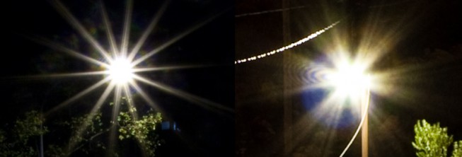 Differing star shapes around light sources. Left lens: Canon EF-S 10-22/3.5-4.5 (6 blades), Right lens: Sigma 18-50/2.8 (7 blades).